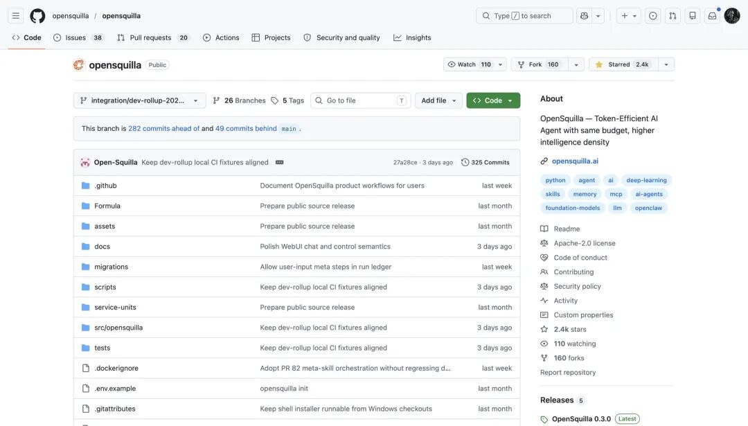 OpenSquilla 的 GitHub 主页,开源项目,2.4k star,最新发布 3.0.0